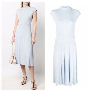 Hugo Boss Ellira Cap Sleeve Jersey Midi Dress In Blue Mock Neck XS